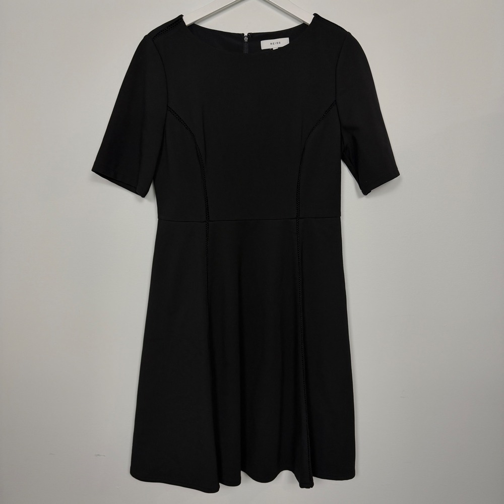 Reiss Tianna Black Fit and Flare Dress Ladder Stitch Short Sleeve Size 10